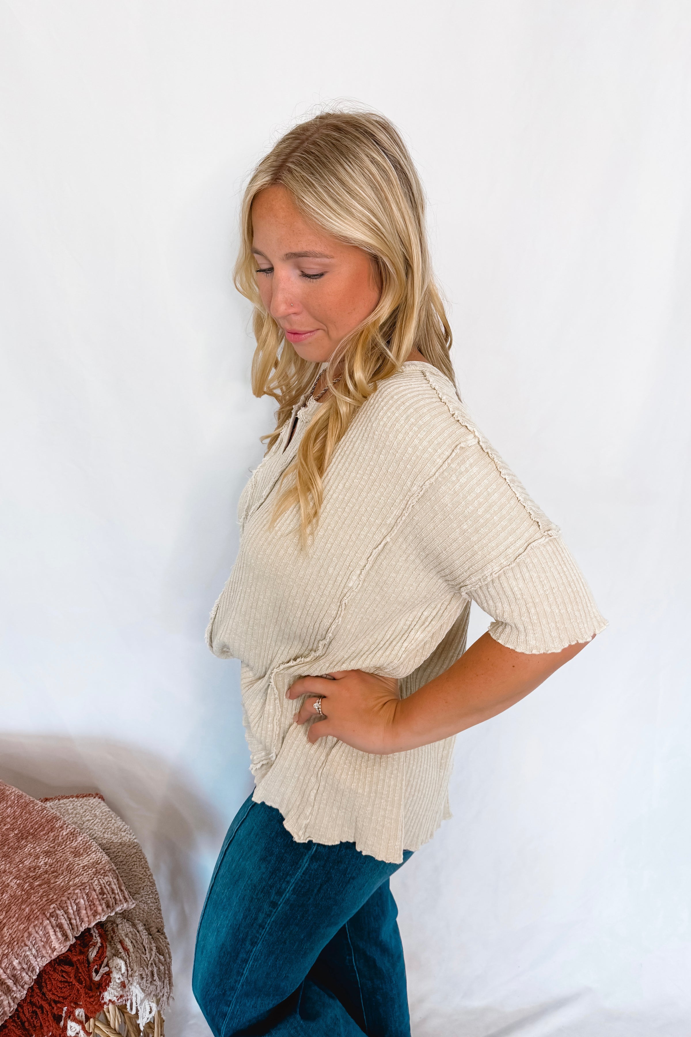 Having Fun Frayed Ribbed Top - Khaki