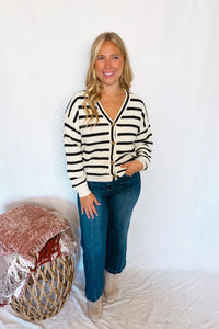 Cool Stroll Striped Button Cardigan - Ivory/Black