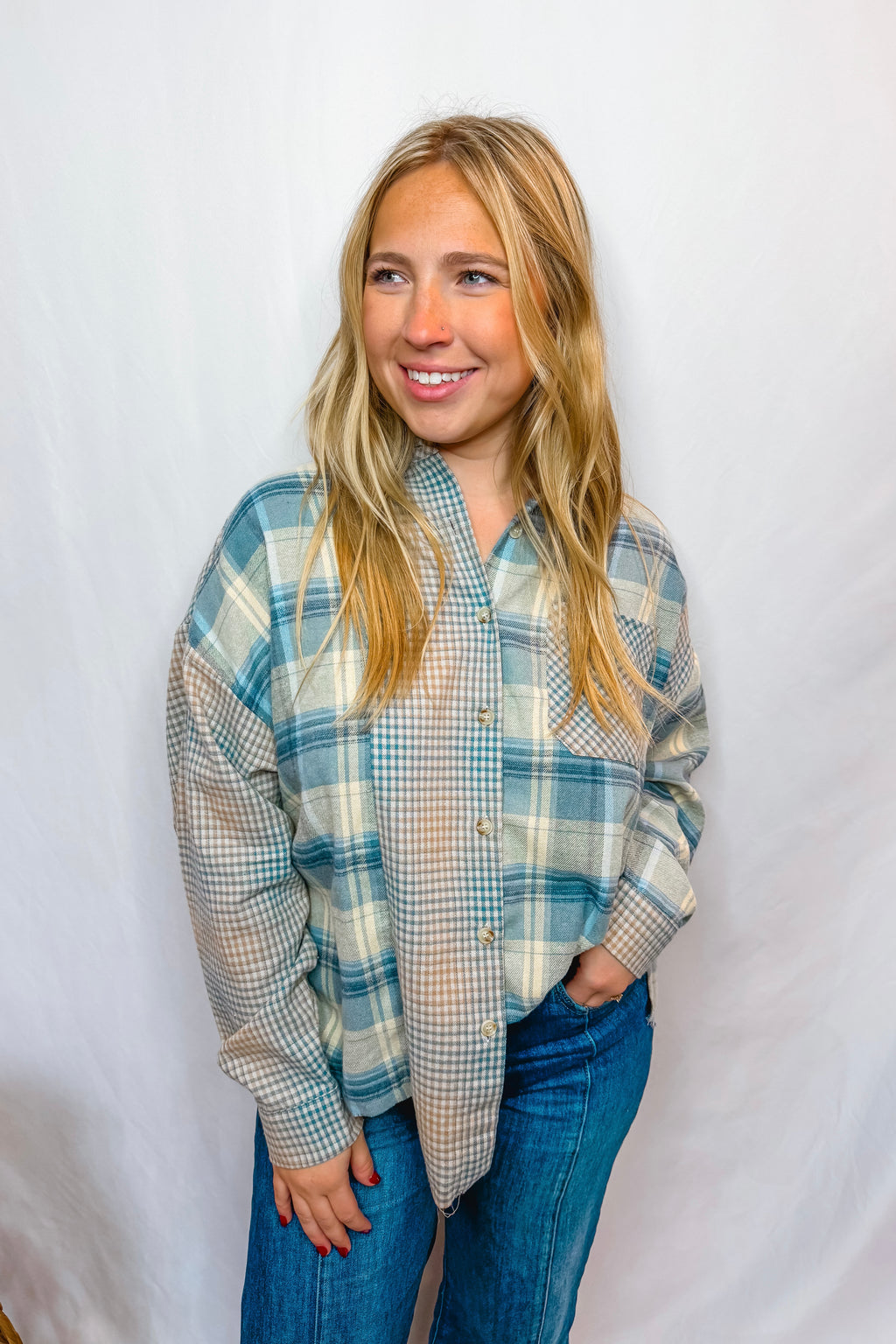 Bethany Oversized Plaid Top - Blue Multi