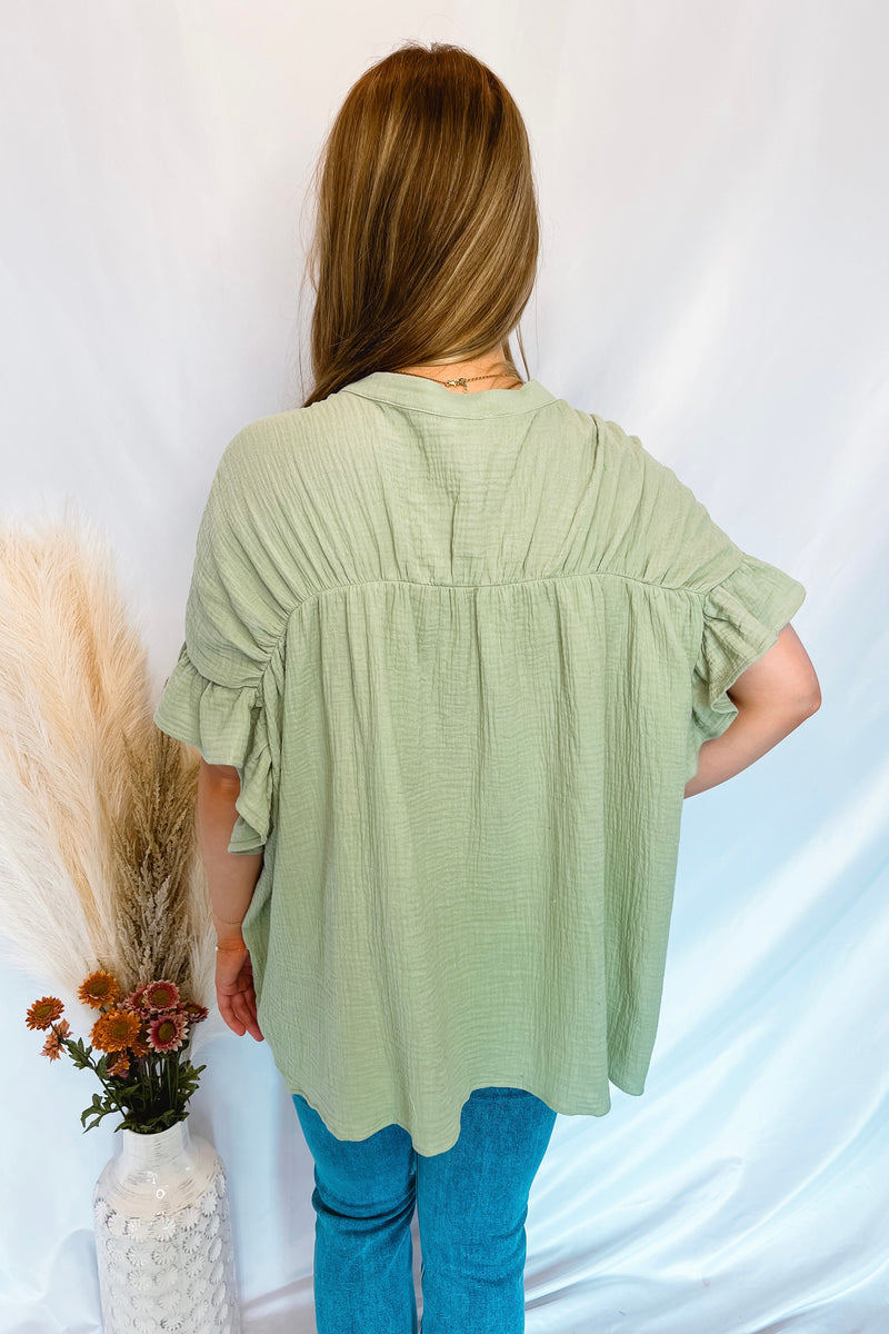 Gracie Ruffle Gauze Button Down Top - Sage