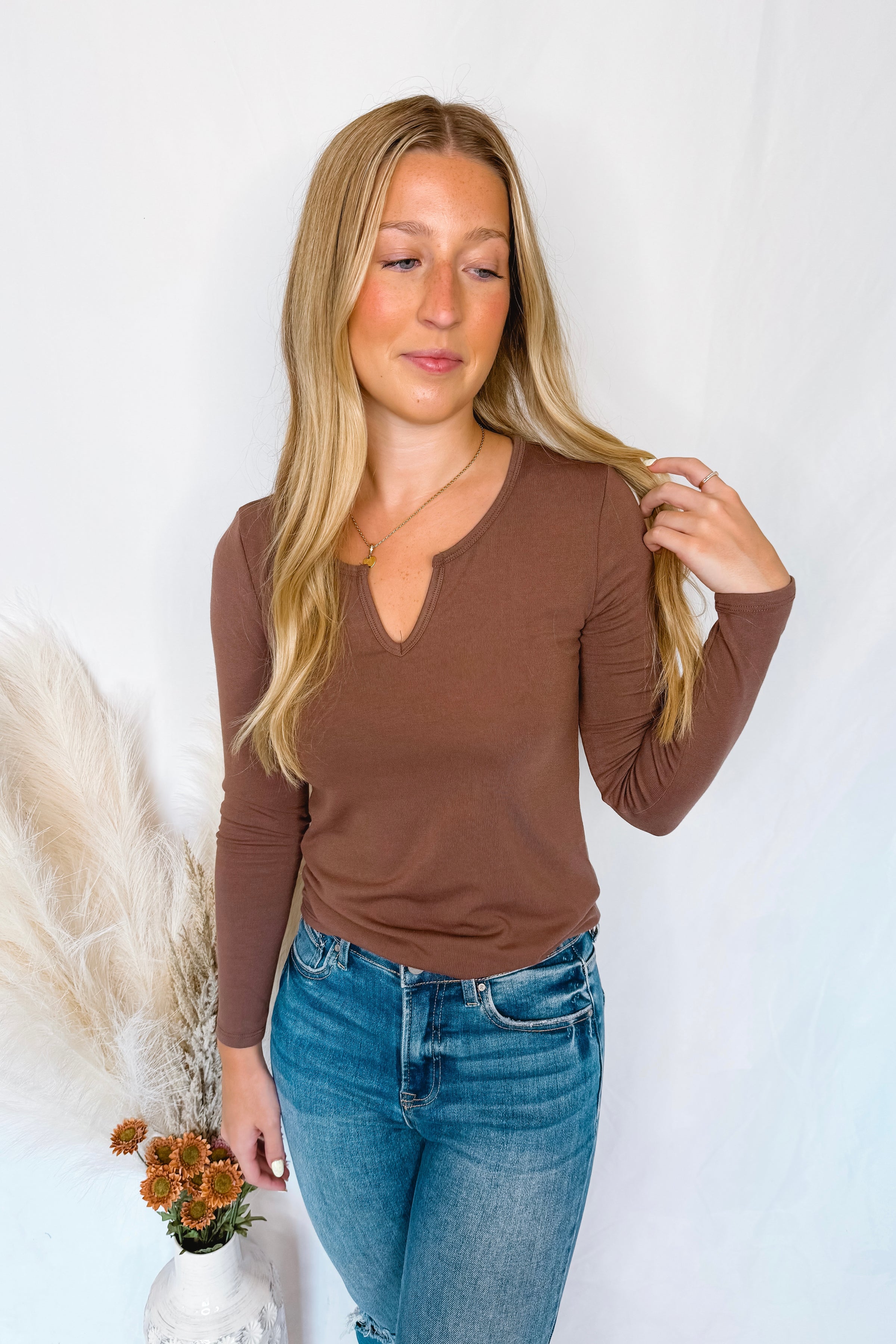 Courtney Notched V-Neck Long Sleeve Top - Brown