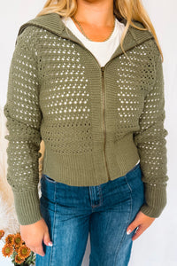 Cherished Moment Open Knit Zip Up - Olive