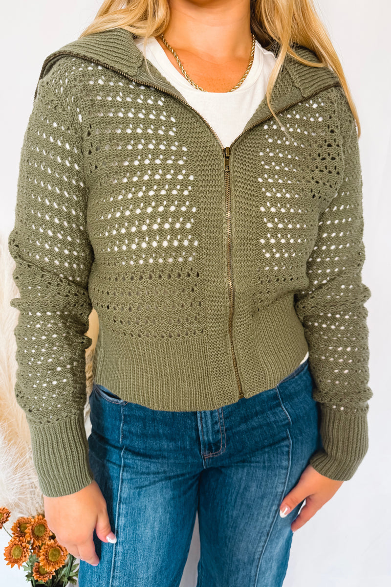 Cherished Moment Open Knit Zip Up - Olive