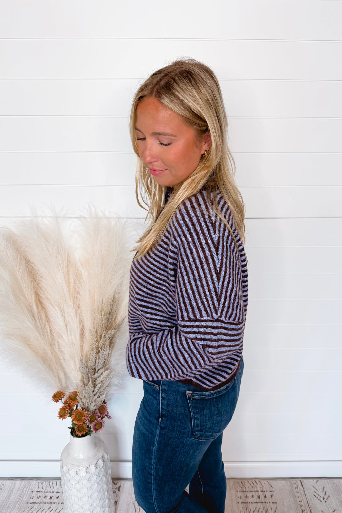 Gwen Lightweight Striped Button Sweater - Blue/Brown