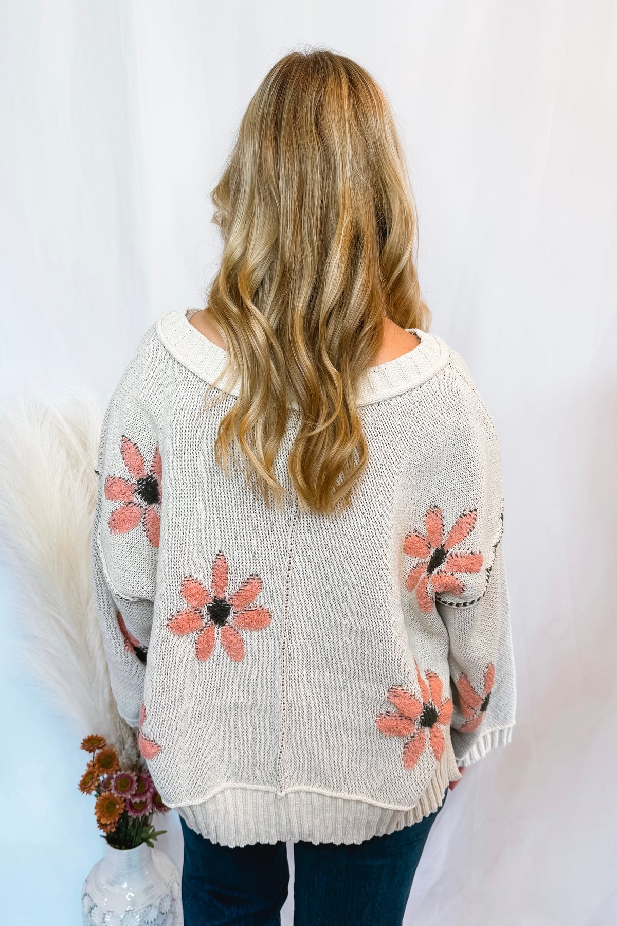 Cozy Daisy Oversized V-Neck Sweater - Almond/Pink (POL)