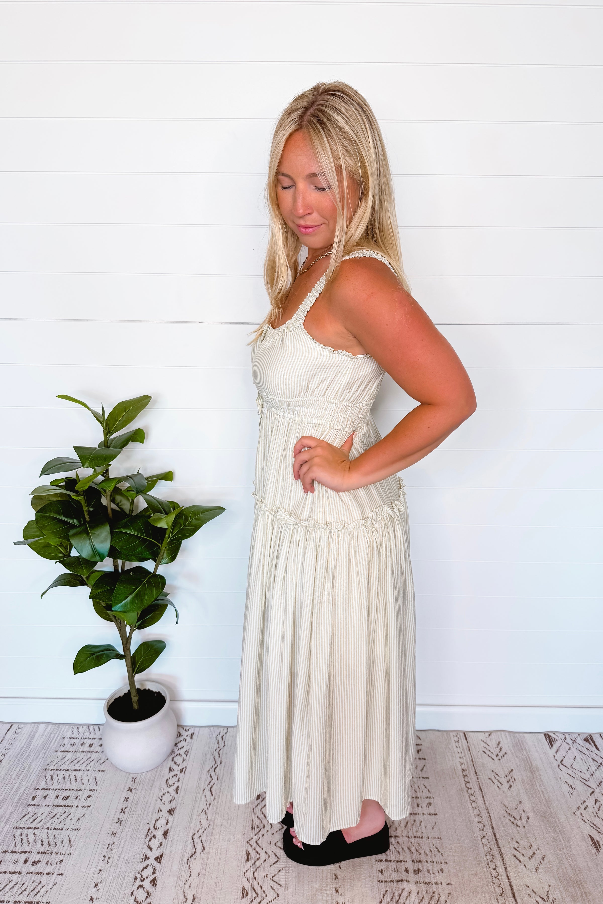 Breathless Bliss Striped Midi Dress - Light Olive