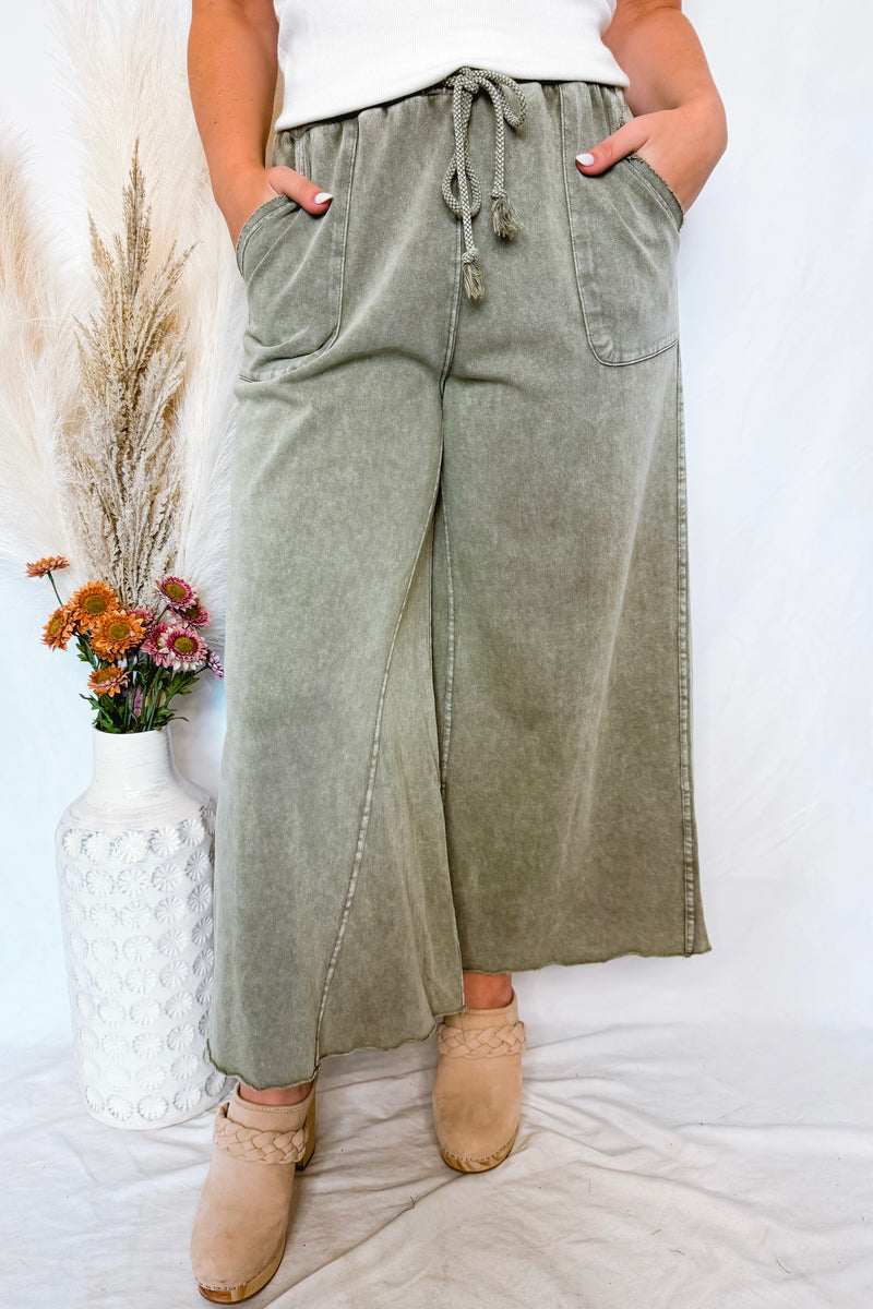 Remy Wide Leg Terry Knit Pants - Olive