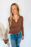 Courtney Notched V-Neck Long Sleeve Top - Brown