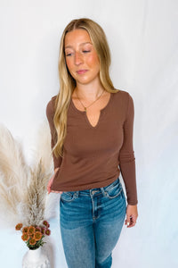 Courtney Notched V-Neck Long Sleeve Top - Brown