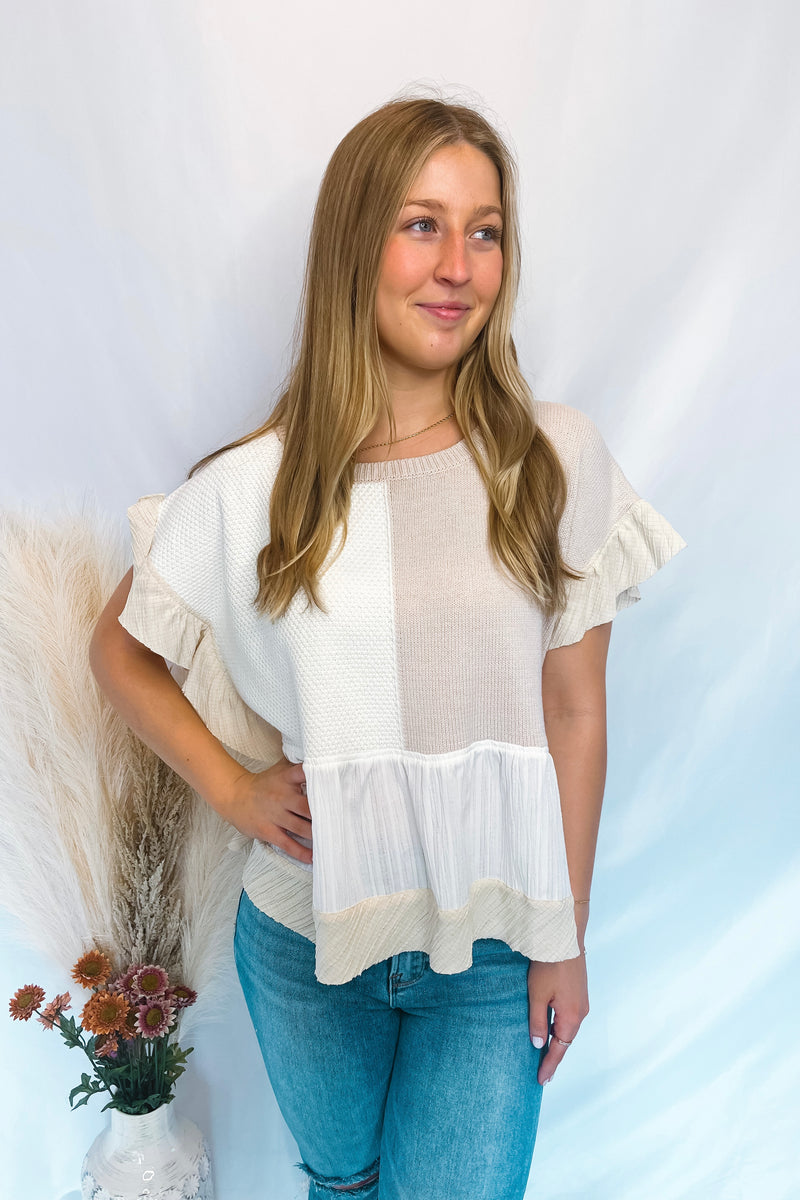 Lovely Story Patchwork Ruffle Top - Natural