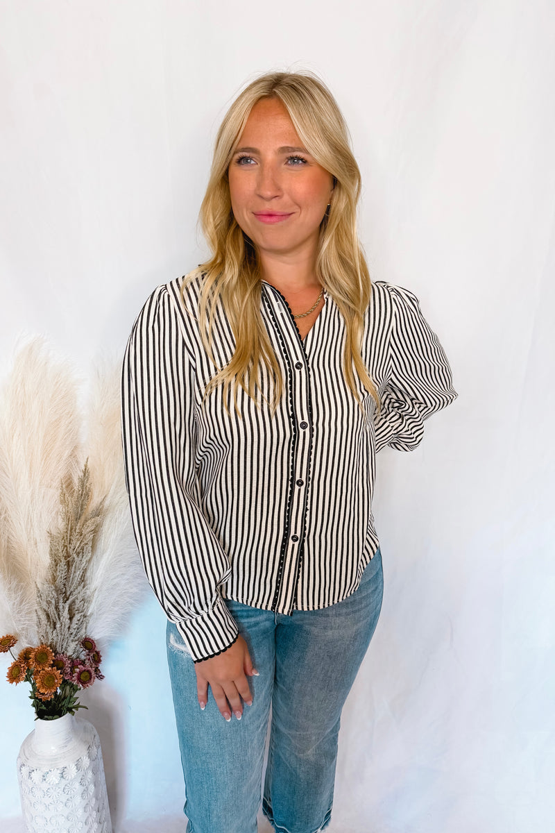 Charm And Chic Striped Button Down Top - Black/Ivory