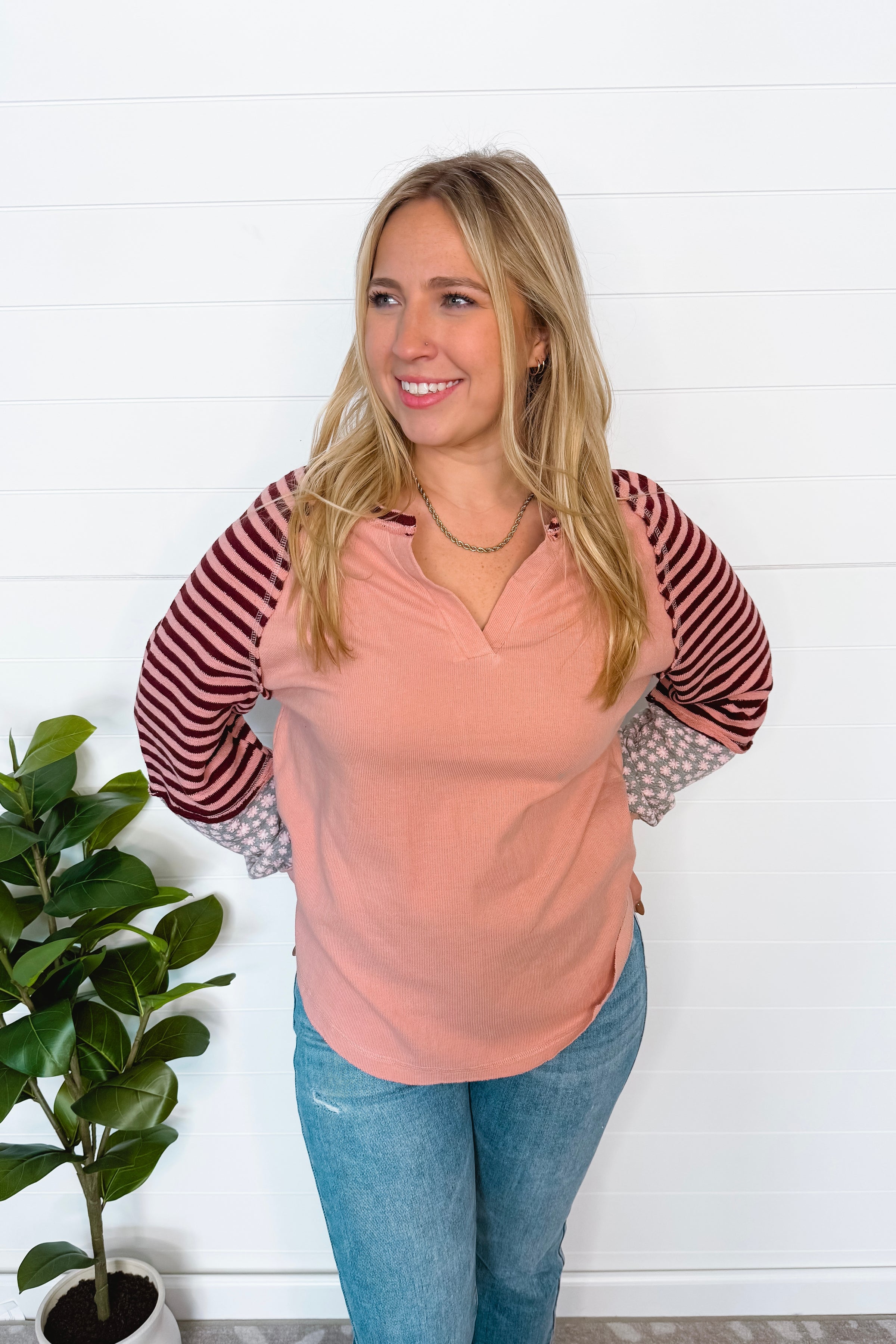 Keepin' It Casual Split Neck Top - Blush