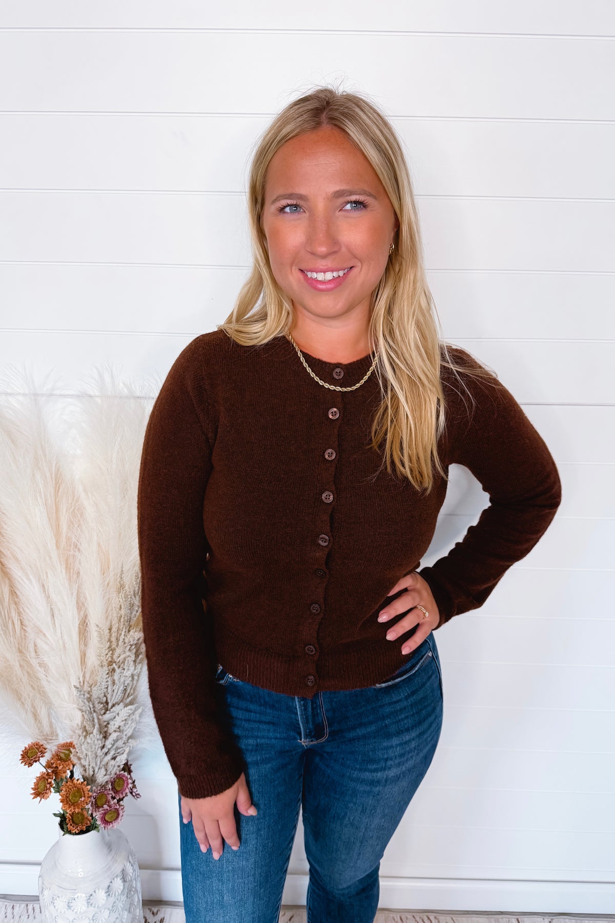 Victoria Lightweight Button Sweater - Brown