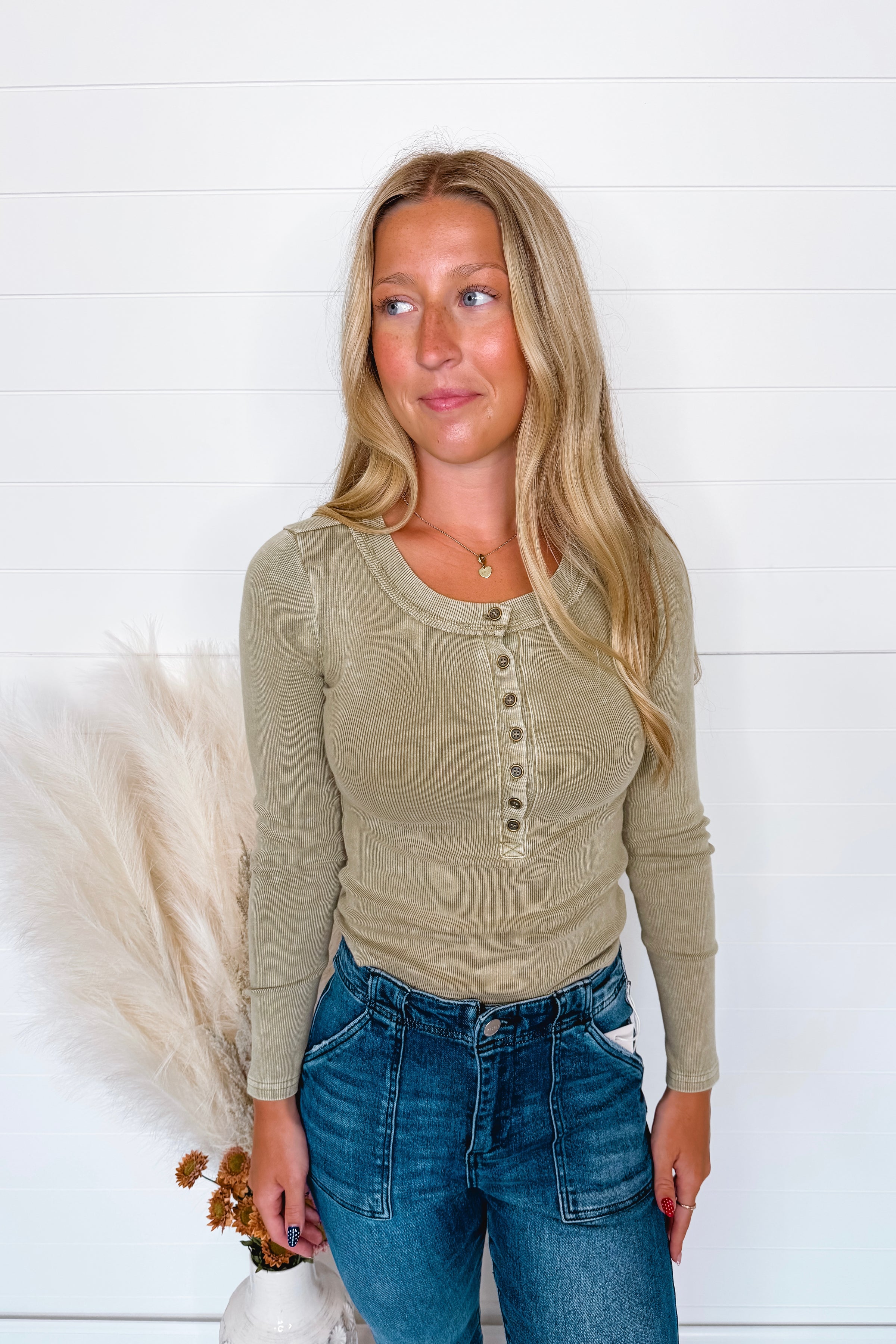 Keep It Simple Ribbed Henley Top - Light Olive