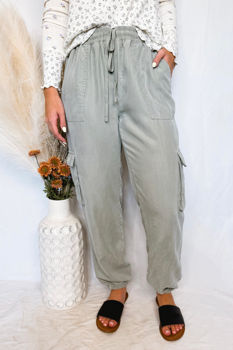 Ellie Tencel Drawstring Cargo Joggers - Pale Sage
