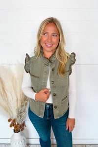 Cozy Charm Button Front Washed Denim Vest - Olive