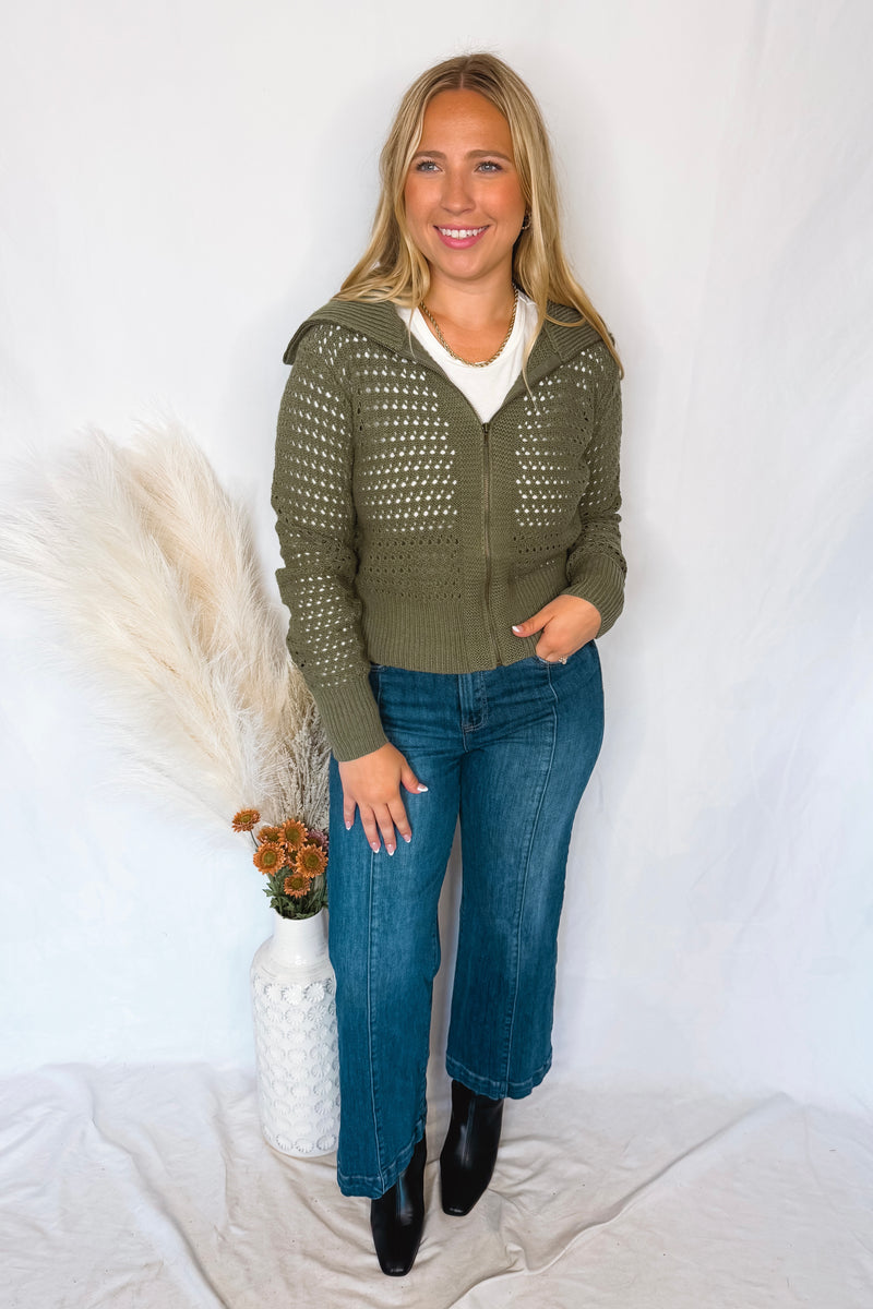 Cherished Moment Open Knit Zip Up - Olive