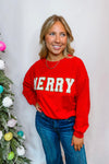 Merry Letter Patch Crew Neck Pullover- Red