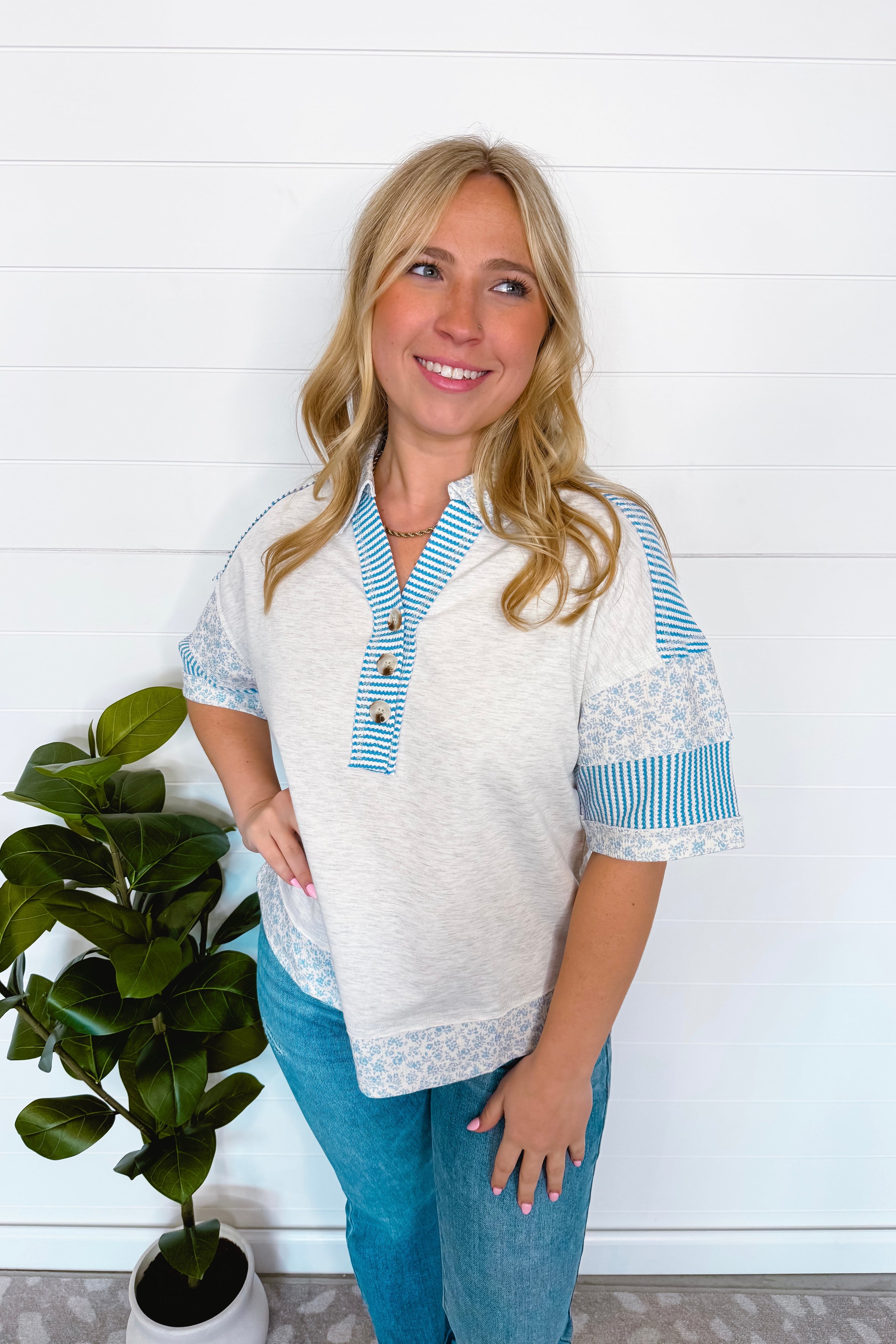 Blue Days Mixed Henley Top - Grey/Blue