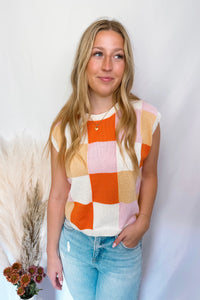 Happy Days Checkered Knit Top - Ivory/Orange Multi