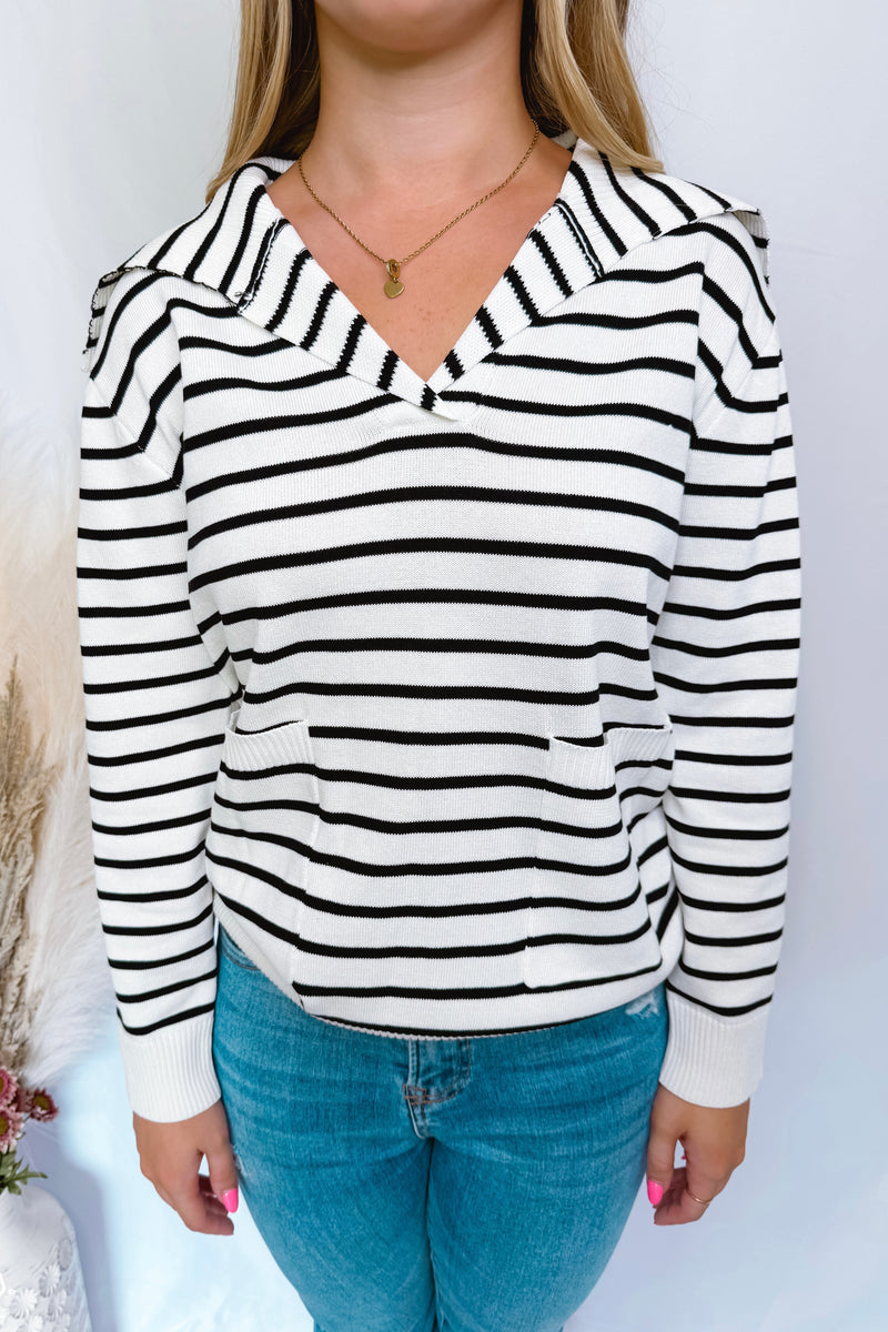 Subtle Charm Collared Striped Knit Top - Ivory/Black