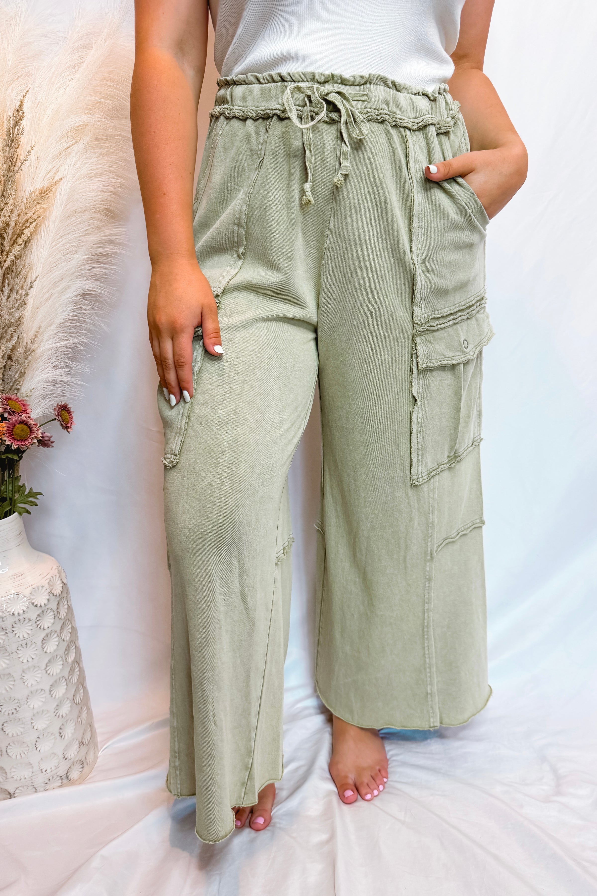 Madison Wide Leg Cargo Pants - Faded Olive