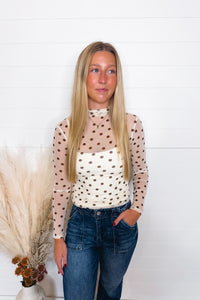 Frankie Mesh Mock Neck Polka Dot Top - Ivory/Brown