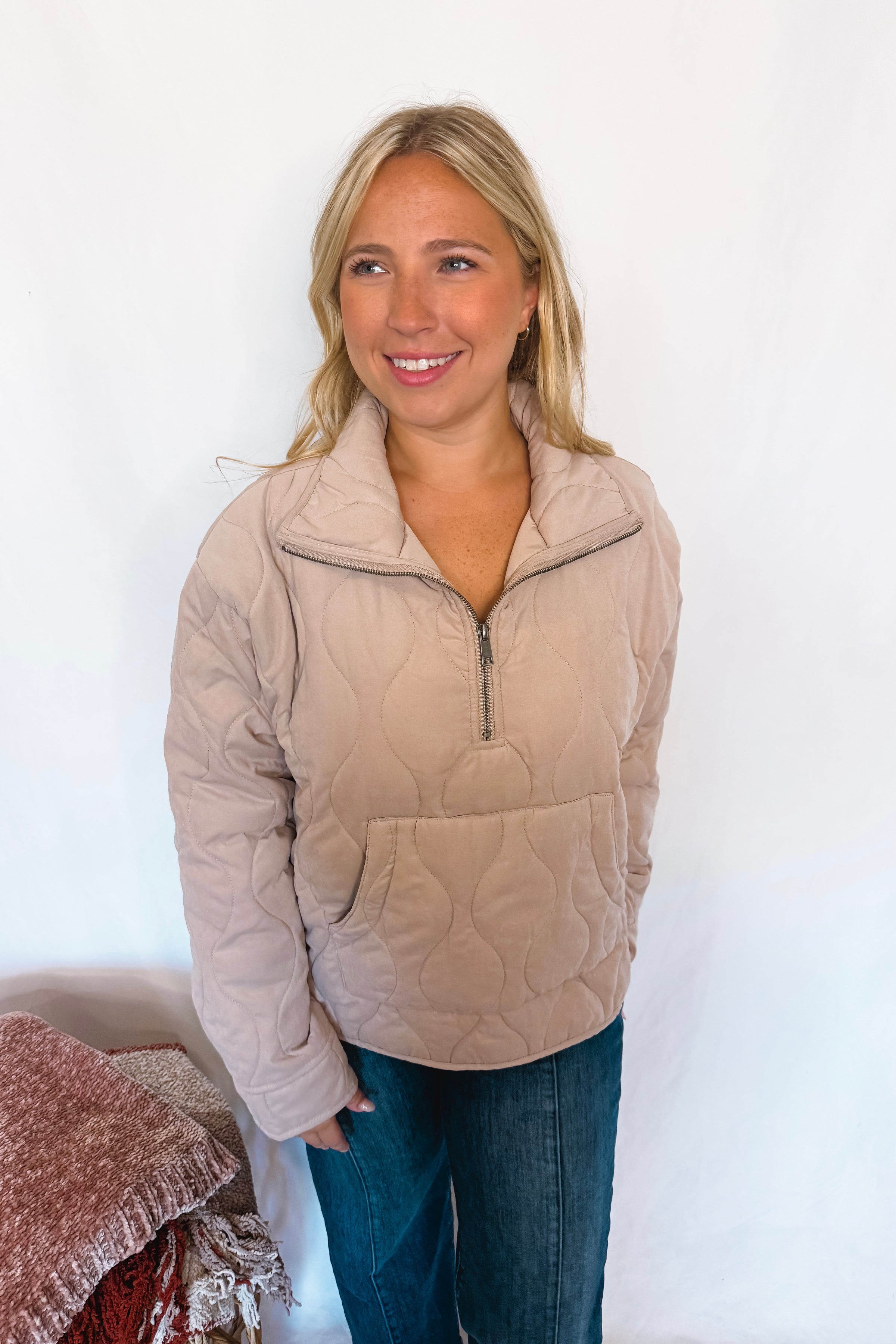 Uptown Charm Quilted Quarter Zip Pullover - Taupe