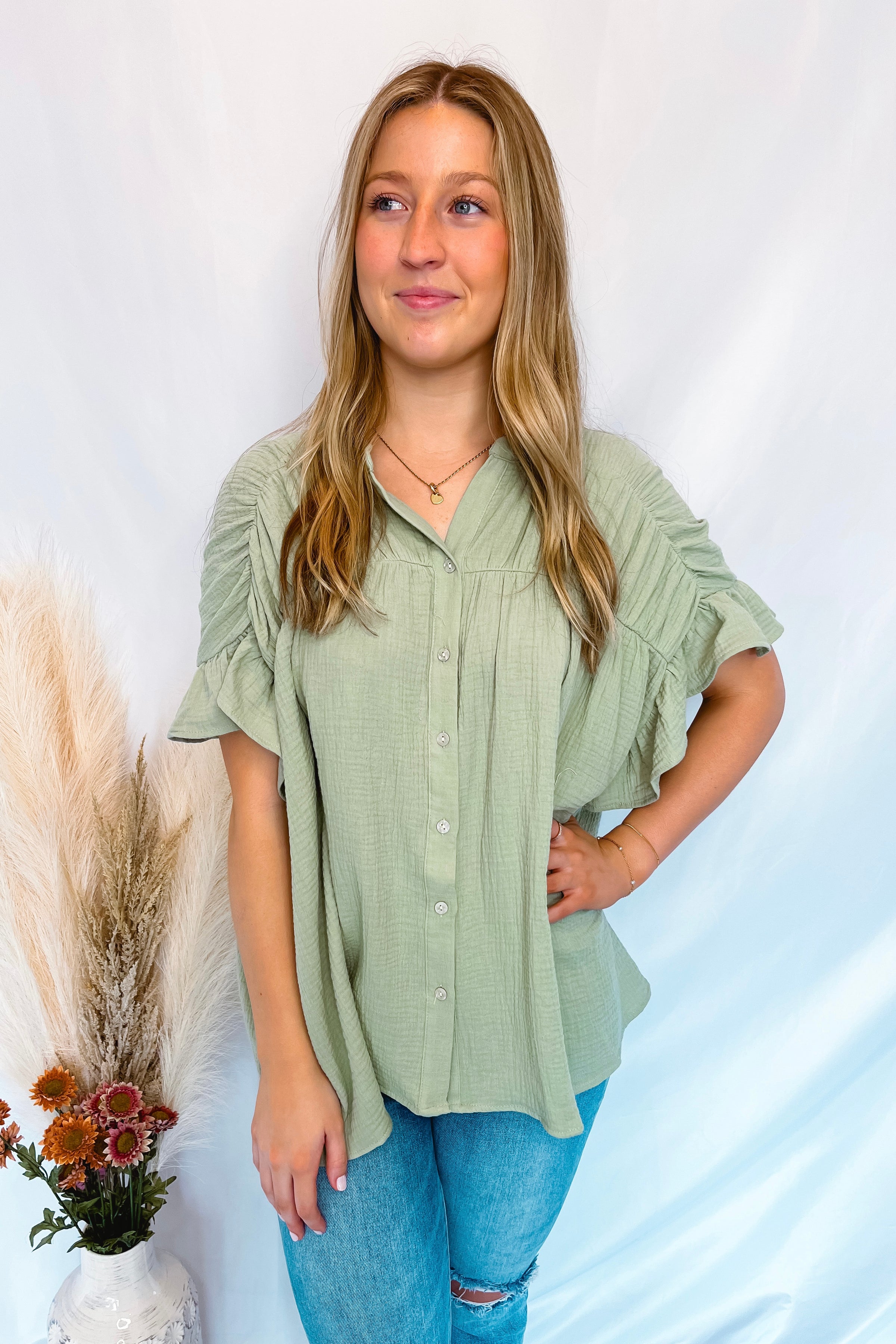 Gracie Ruffle Gauze Button Down Top - Sage