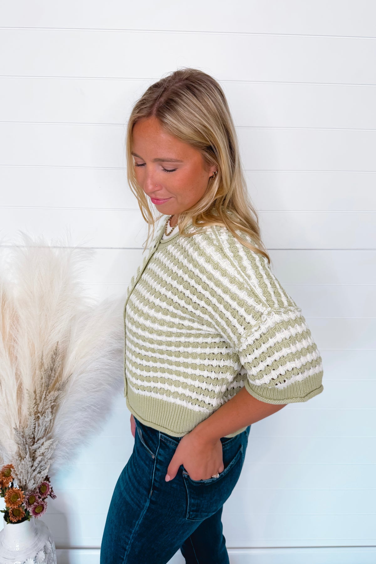 Warm Breeze Crochet Knit Button Sweater - Sage