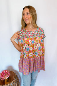 Sunny Gardens Floral Tiered Top - Pink/Blue Multi