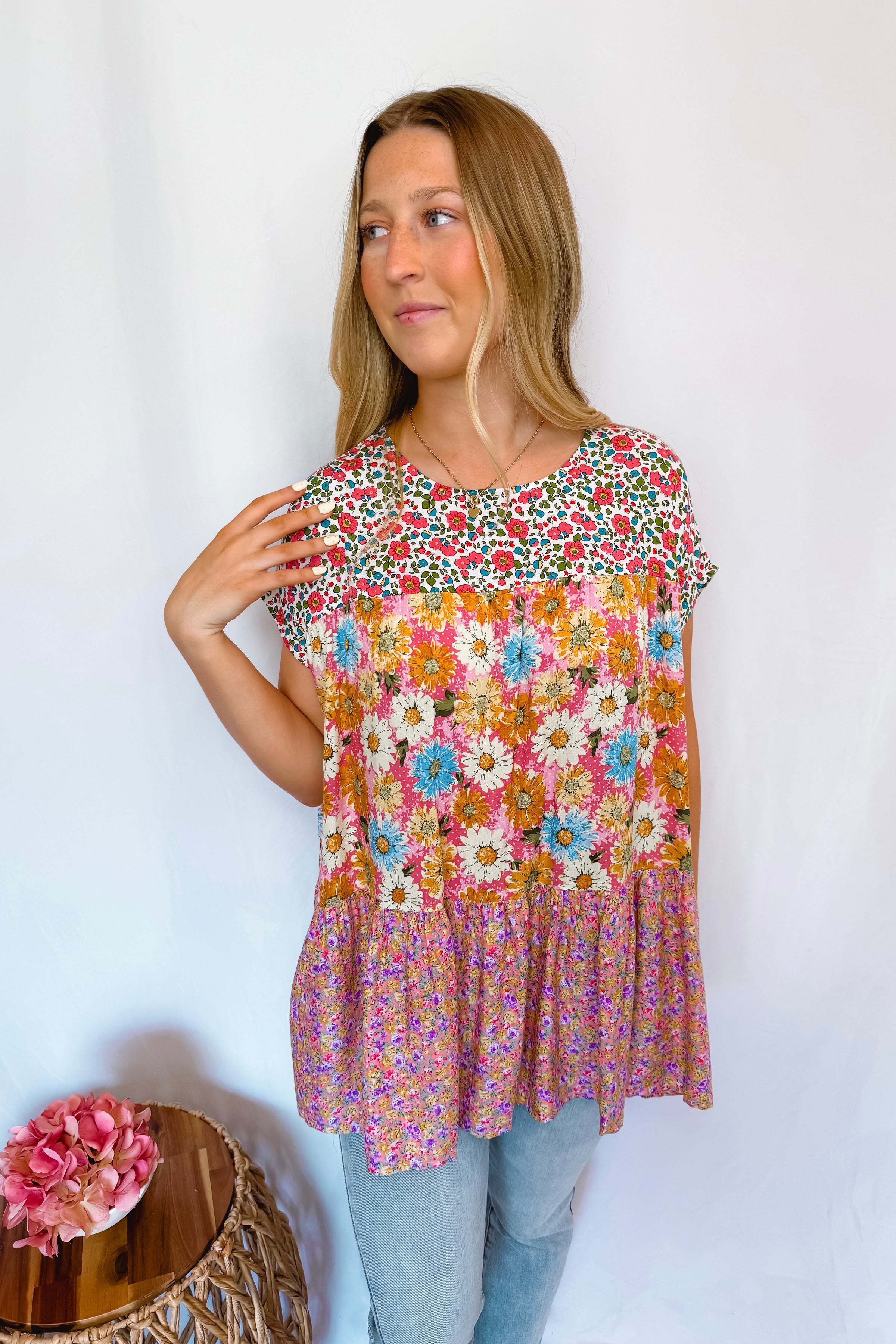 Sunny Gardens Floral Tiered Top - Pink/Blue Multi
