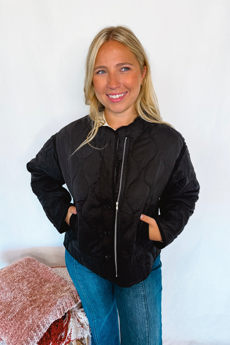 Cheerful Smile Quilted Jacket - Black