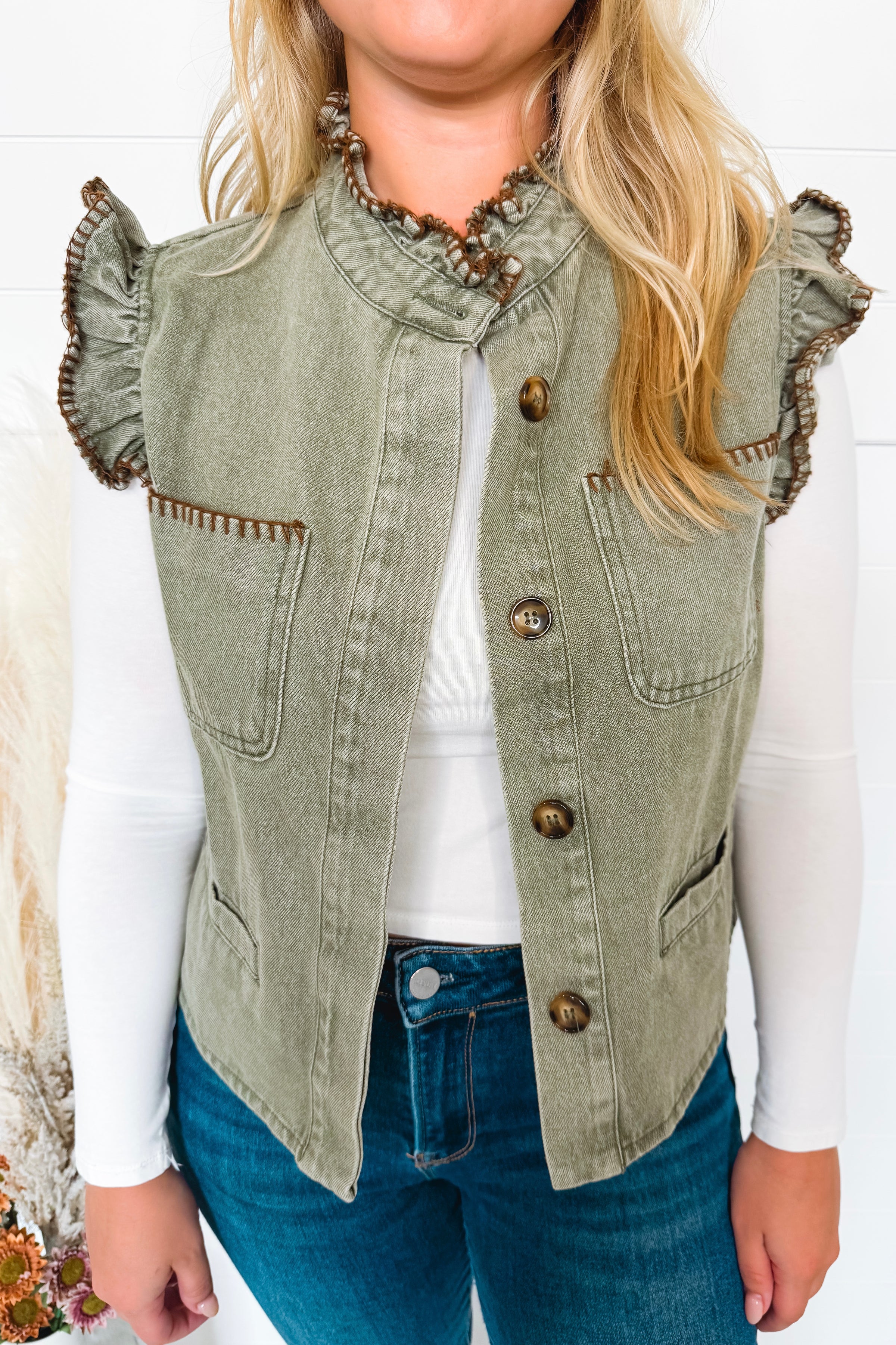 Cozy Charm Button Front Washed Denim Vest - Olive
