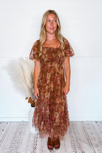 Phoebe Puff Sleeve Tulle Midi Dress - Light Brown Multi