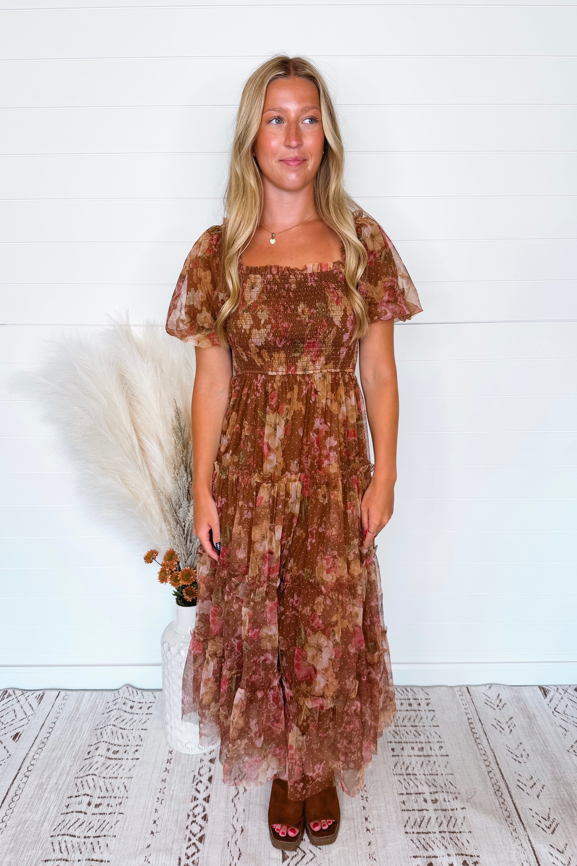 Phoebe Puff Sleeve Tulle Midi Dress - Light Brown Multi