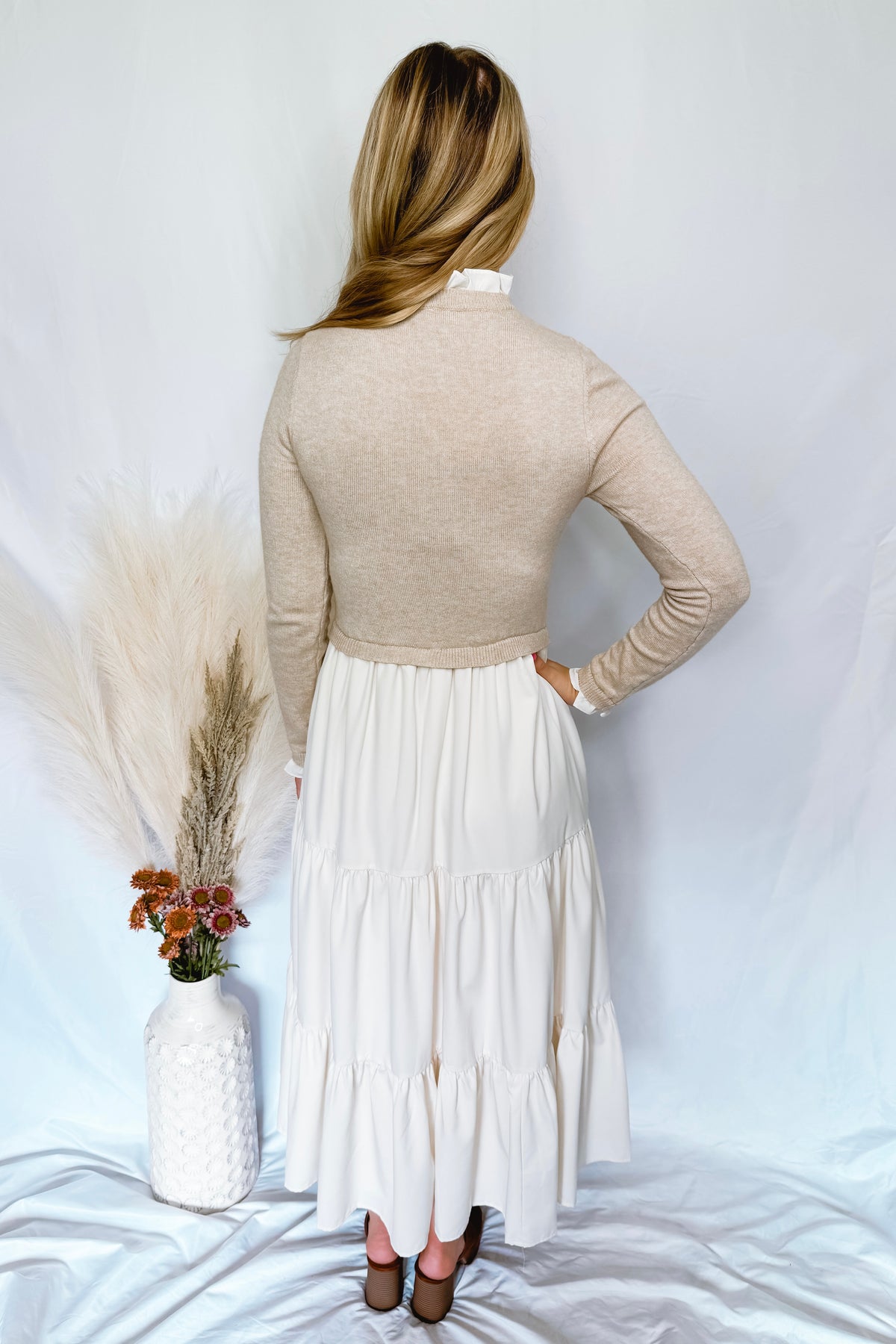 Sweet As Can Be Ruffle Knit Midi Dress - Taupe/Ivory