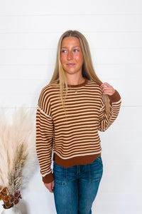Cooler Evening Striped Knit Sweater - Mocha/Cream