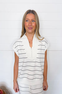 Sporty Days Scuba Stripe Luxe V-Neck Sleeveless Top - Cream/Black