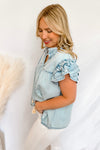 Stunning Vibes Chambray Ruffle Sleeve Top