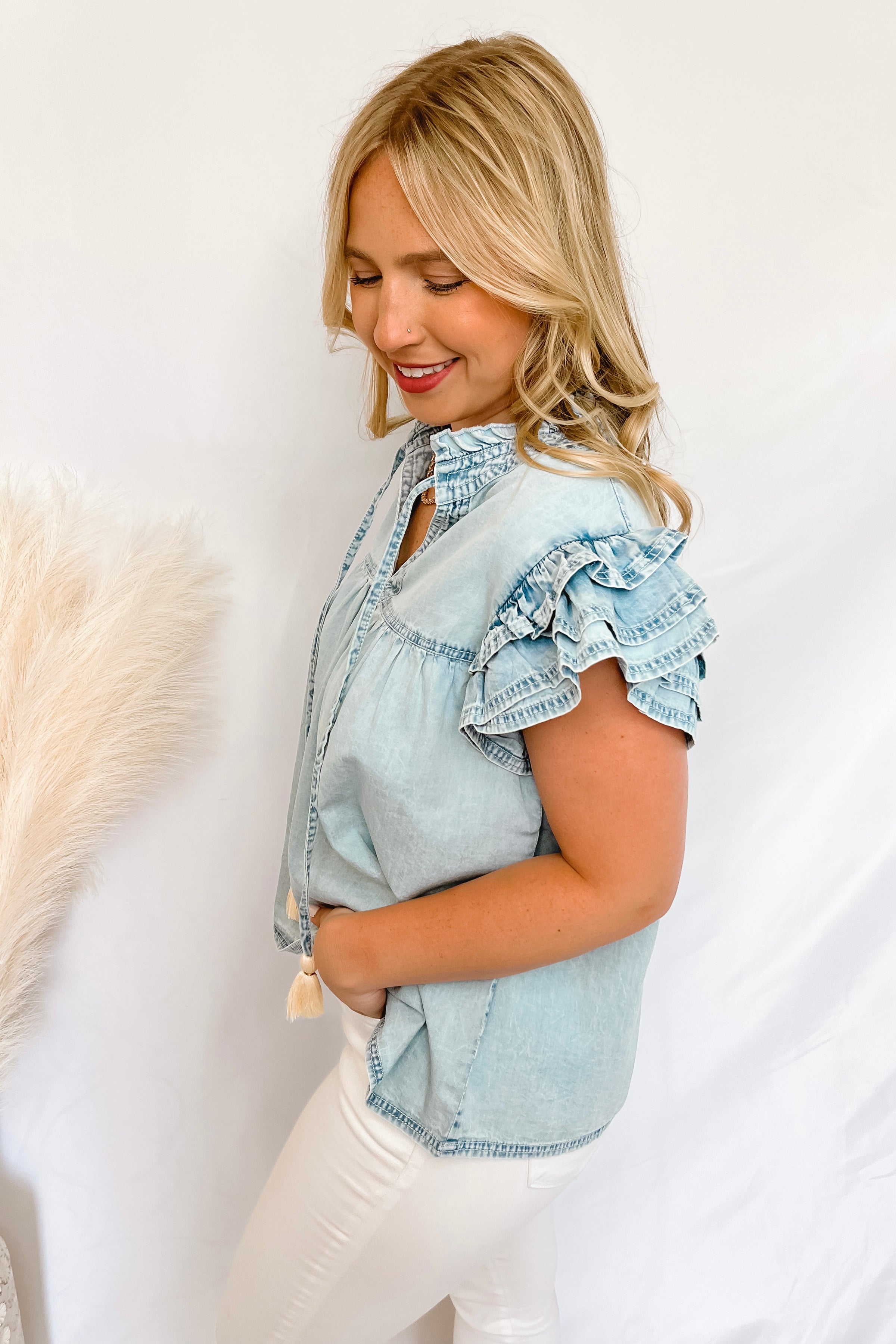 Stunning Vibes Chambray Ruffle Sleeve Top