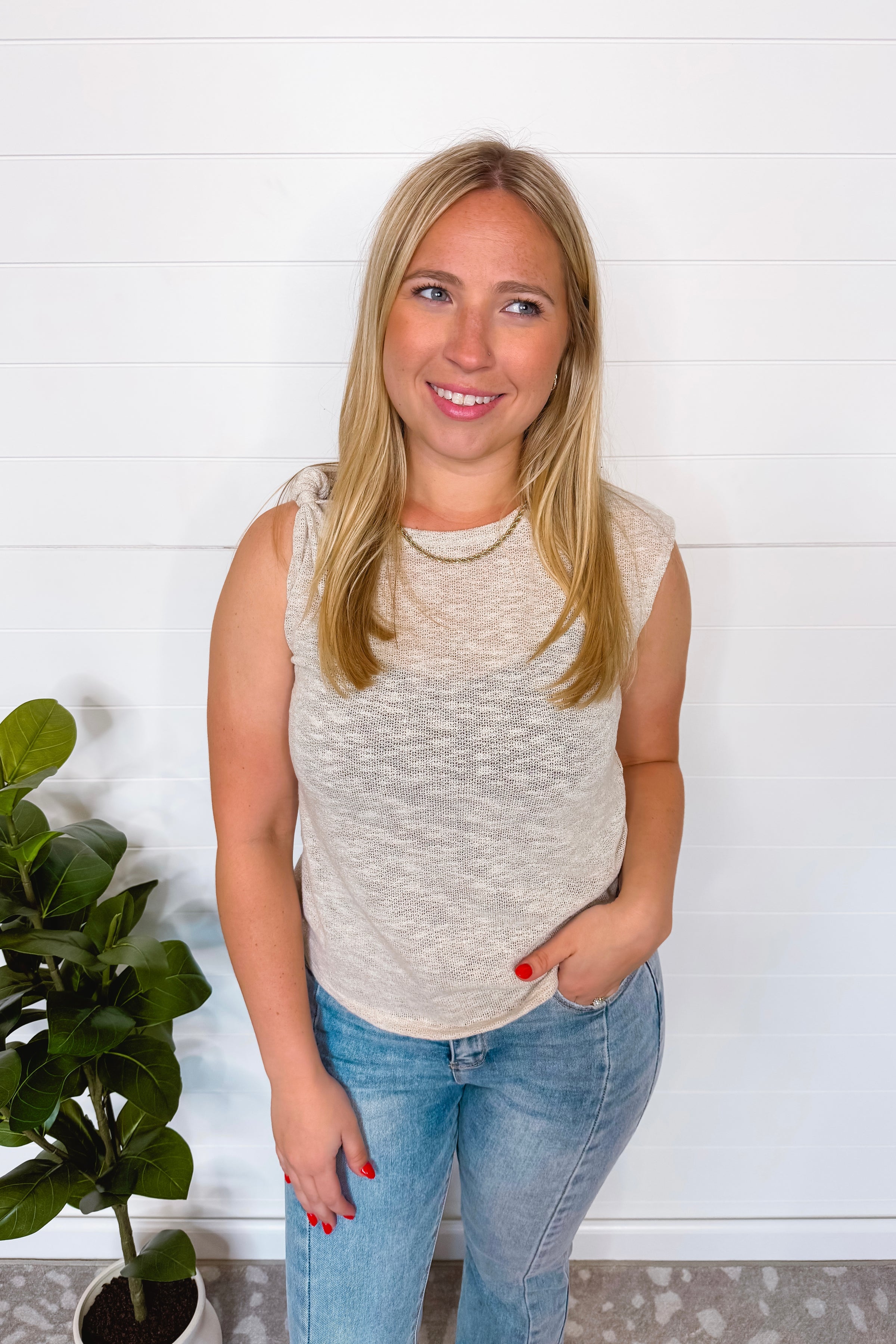 Only You Asymetric Shoulder Tie Knit Top - Oatmeal Grey