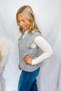 Nice Try Cable Knit V-Neck Sweater Vest - Grey