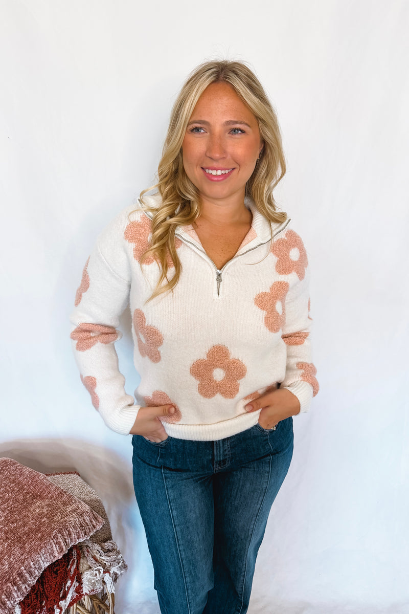 Warm Blooms Quarter Zip Sweater - Cream/Pink