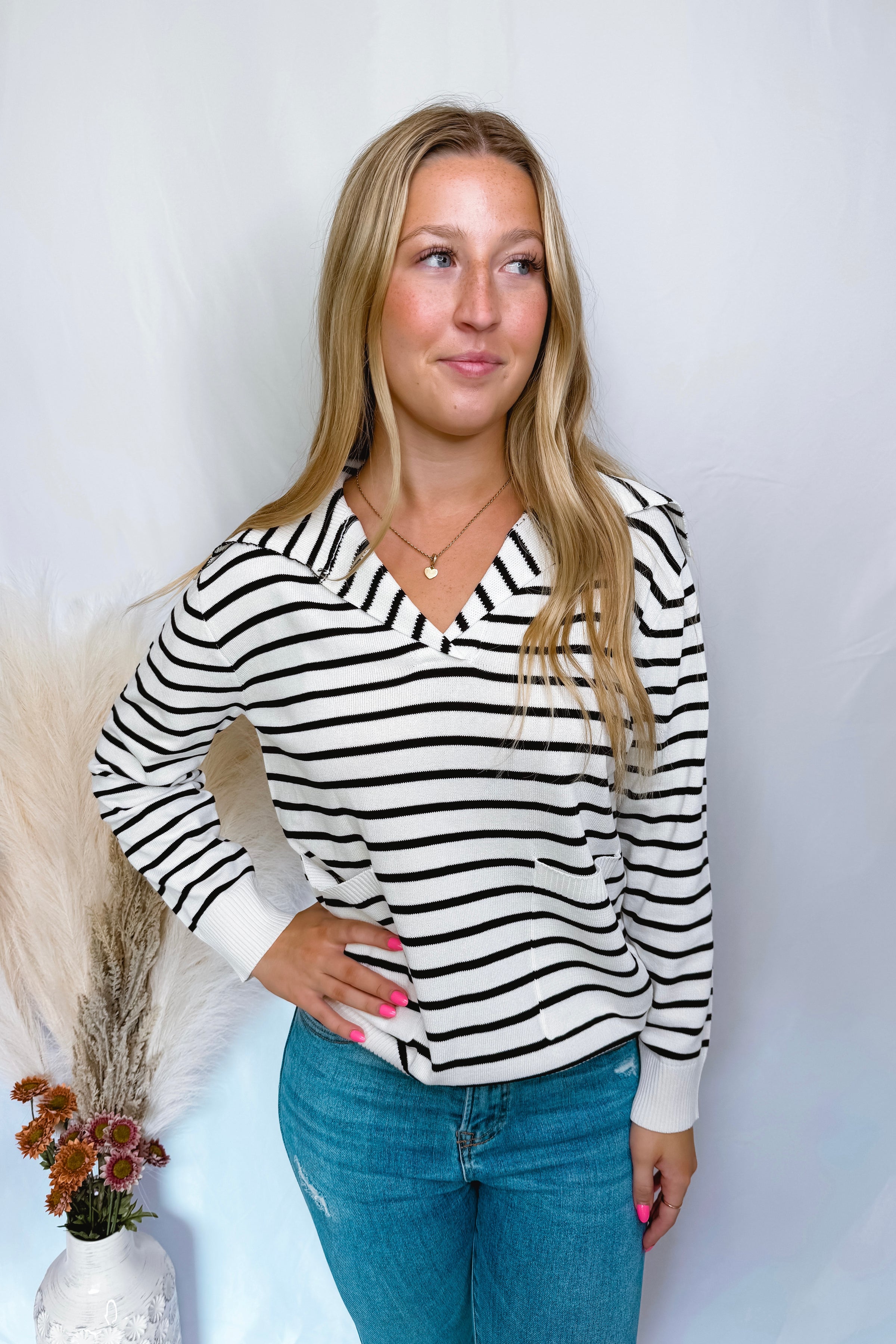 Subtle Charm Collared Striped Knit Top - Ivory/Black