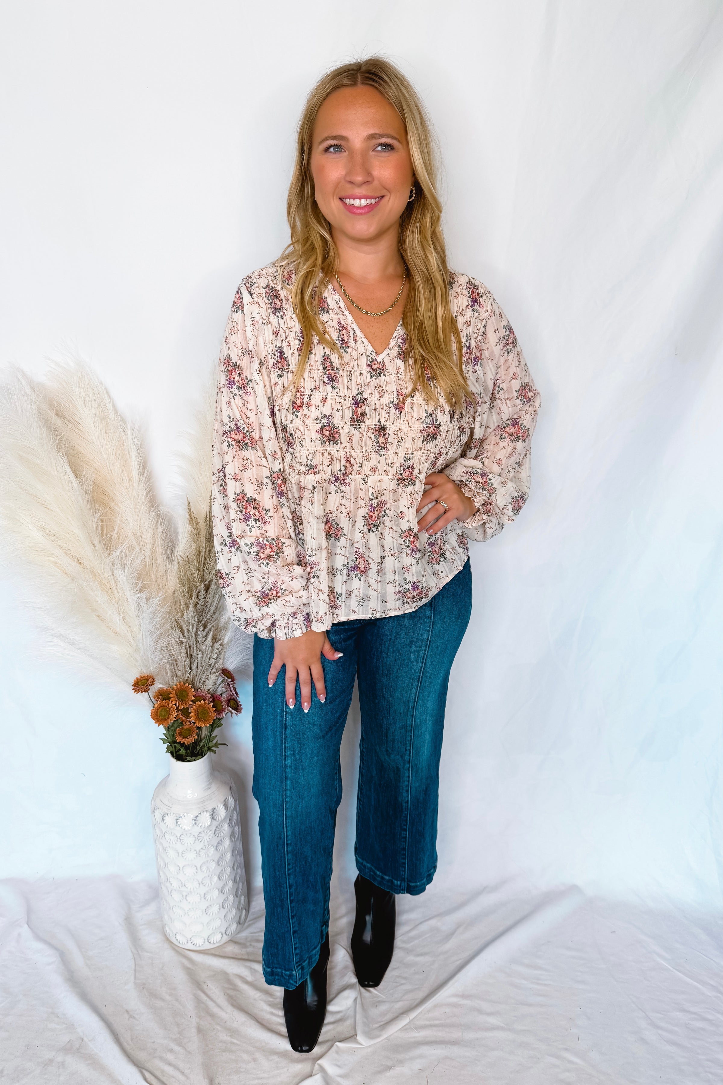 Floral Fields V-Neck Blouse - Ivory