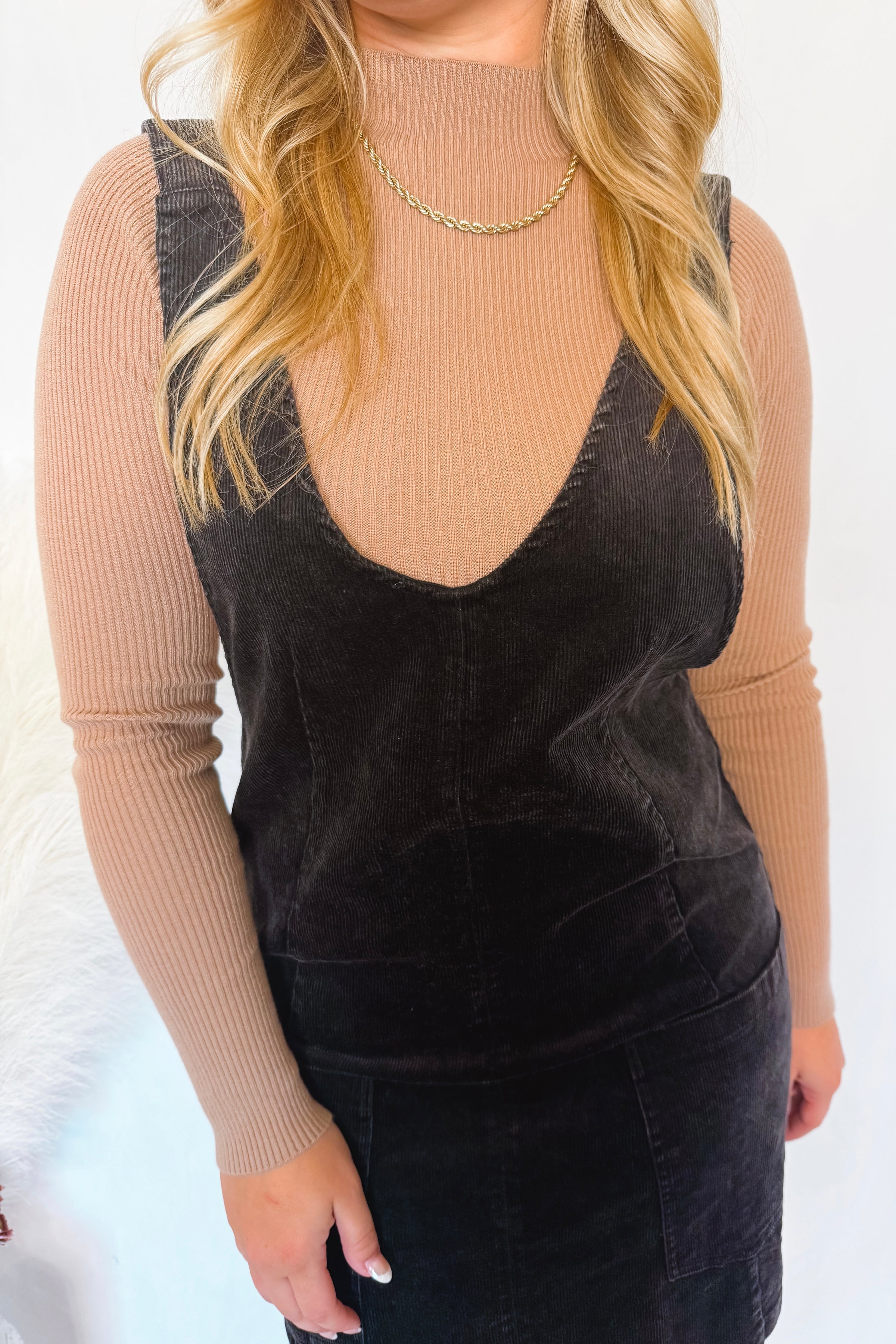 Fall Boardwalk Corduroy Pinafore Dress - Black
