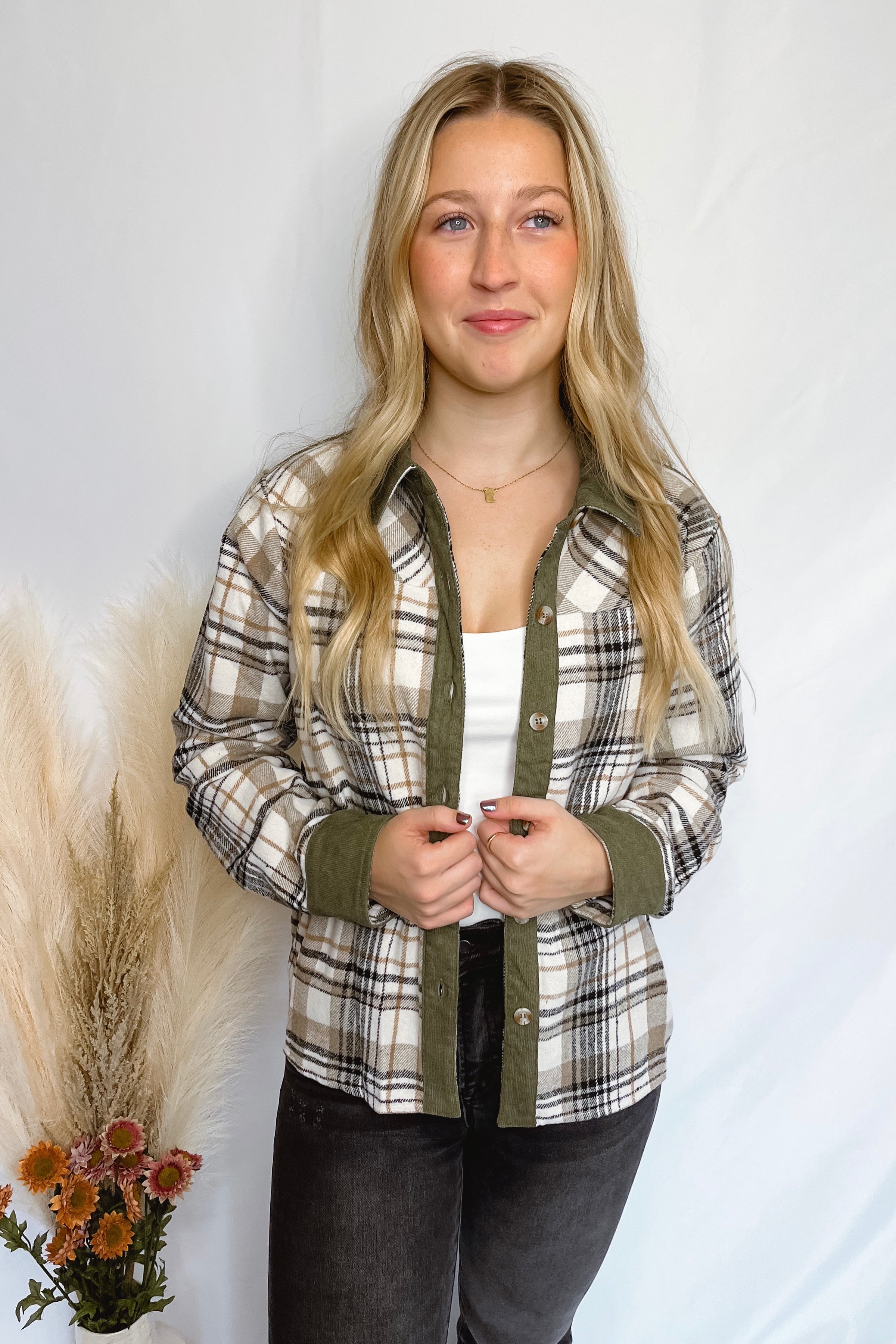 Close To Home Plaid Flannel Shacket - Taupe/Olive