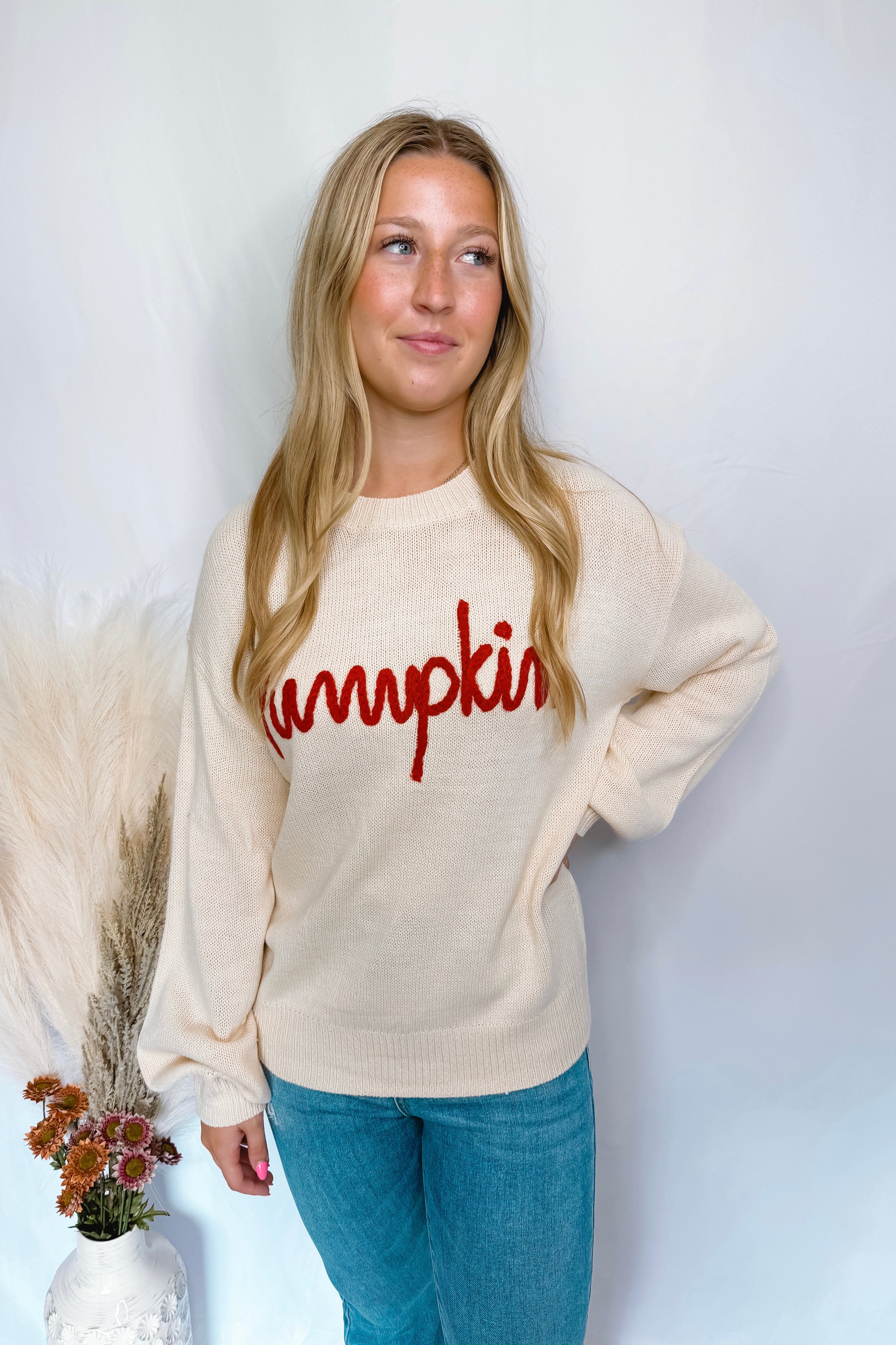 Pumpkin Embroidered Crew Neck Sweater - Ivory