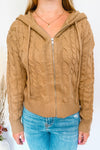 Crisp Morning Cable Knit Zip Up Hoodie - Brown